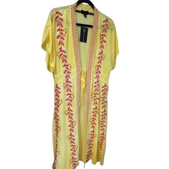 Curations Womens Kaftan Duster Yellow Embroidered Swim Cover Up Boho Gauze NWT - Picture 4 of 10